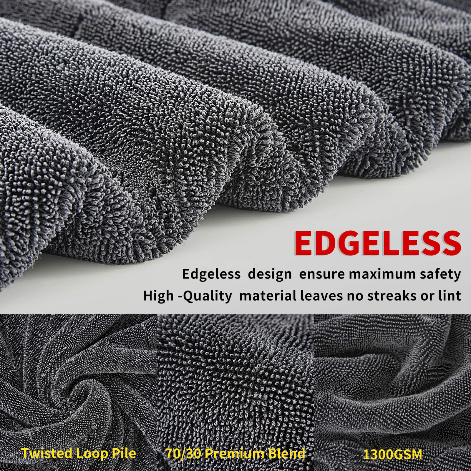 Wasal Car Drying Towel - 24" x 36" XL, Popular Pick Among Detailing Pro-1300 GSM Microfiber Edgeless Twisted Loop Design - 70/30