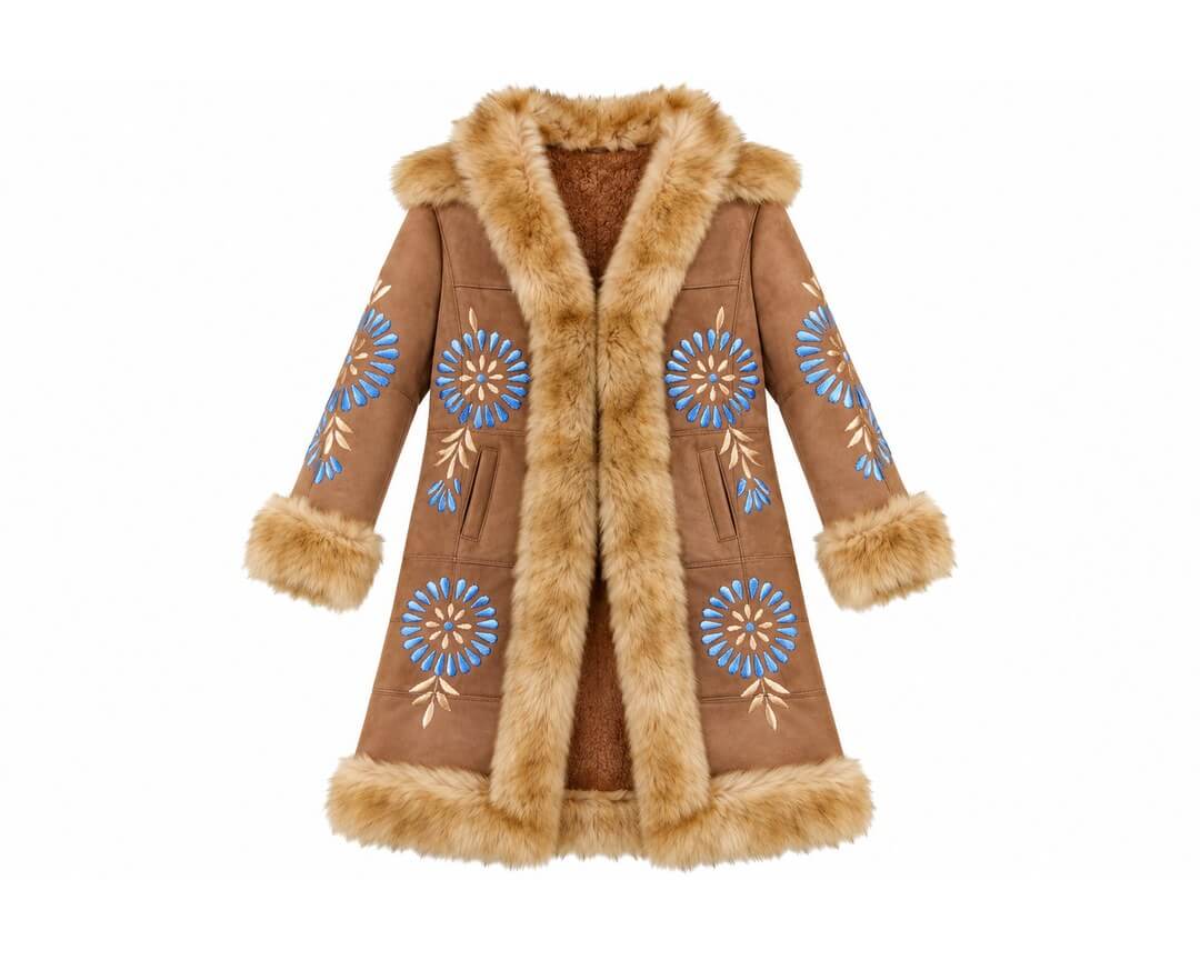 Handmade Afghan Sheepskin Coat with Fur Trim & Traditional Embroidery in tow size, M, L, XL