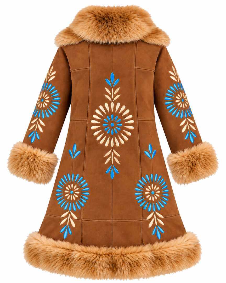 Handmade Afghan Sheepskin Coat with Fur Trim & Traditional Embroidery in tow size, M, L, XL