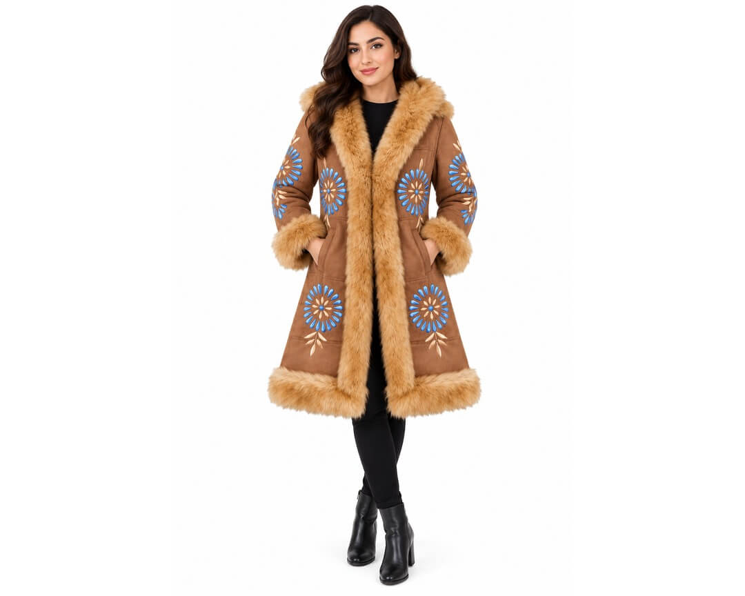 Handmade Afghan Sheepskin Coat with Fur Trim & Traditional Embroidery in tow size, M, L, XL