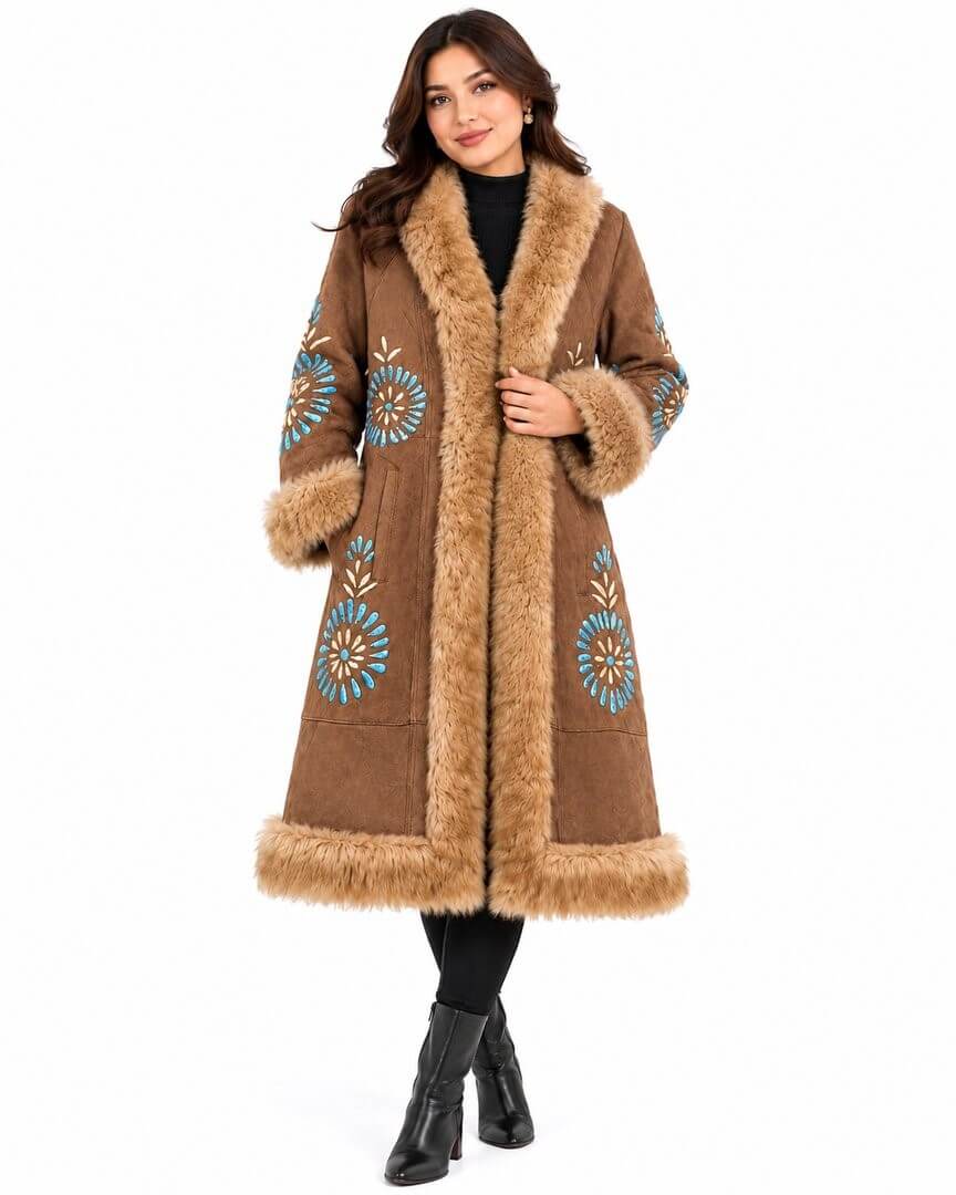 Handmade Afghan Sheepskin Coat with Fur Trim & Traditional Embroidery in tow size, M, L, XL