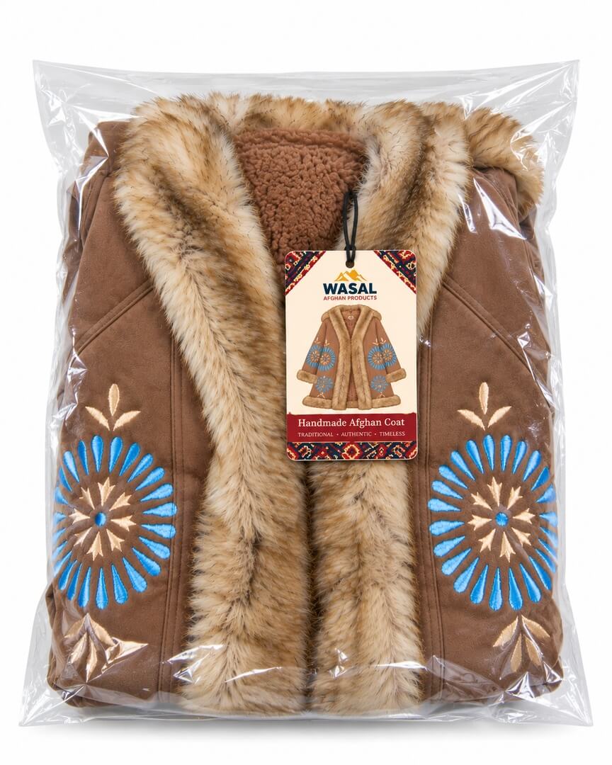 Handmade Afghan Sheepskin Coat with Fur Trim & Traditional Embroidery in tow size, M, L, XL