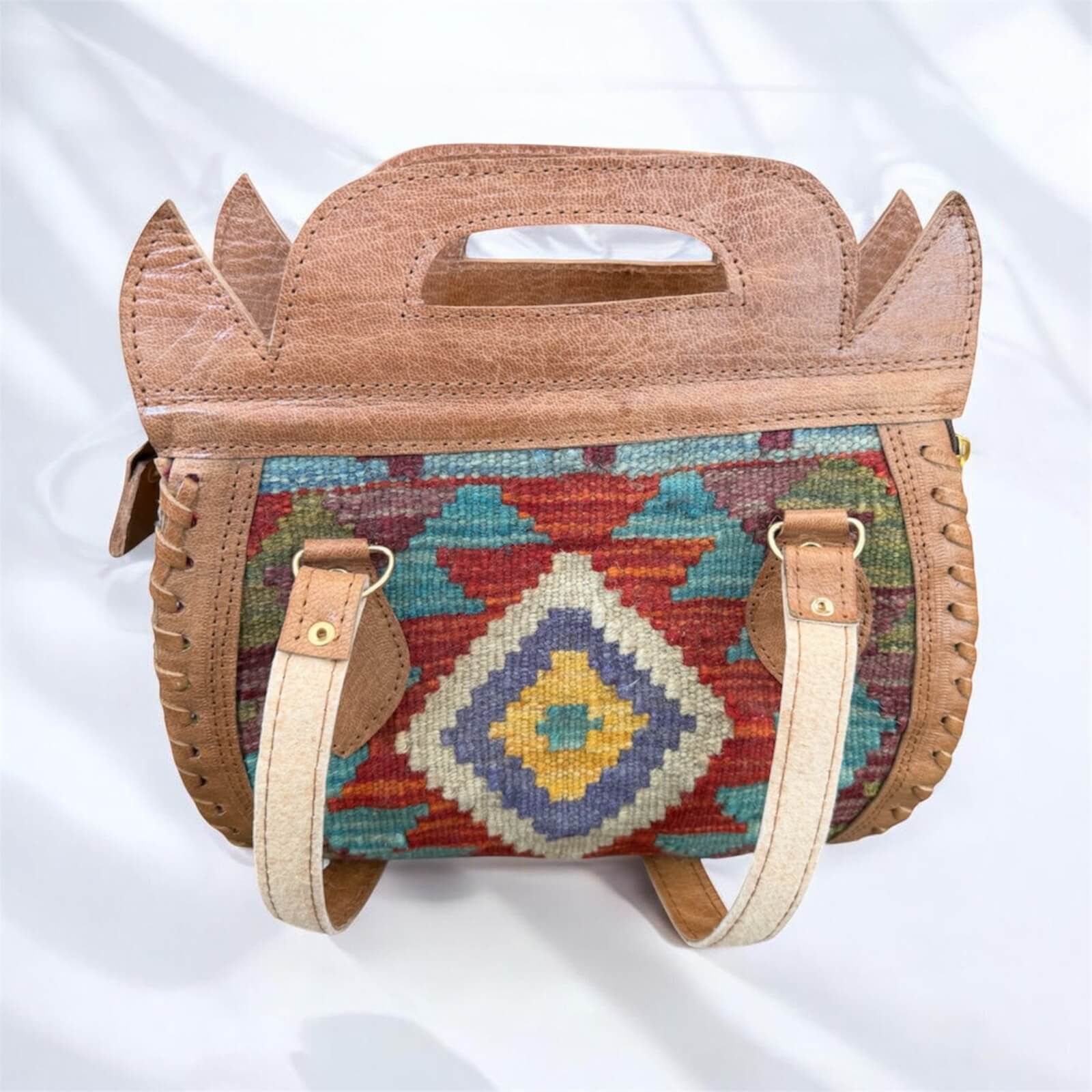 Handmade Afghan Kilim Woven Bag with Colorful Traditional Geometric Patterns and Genuine Leather Trim – Multicolor Ethnic Should
