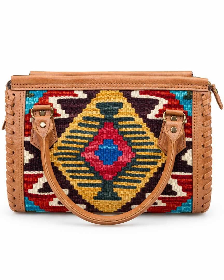 Handmade Afghan Kilim Woven Bag with Colorful Traditional Geometric Patterns and Genuine Leather Trim – Multicolor Ethnic Should