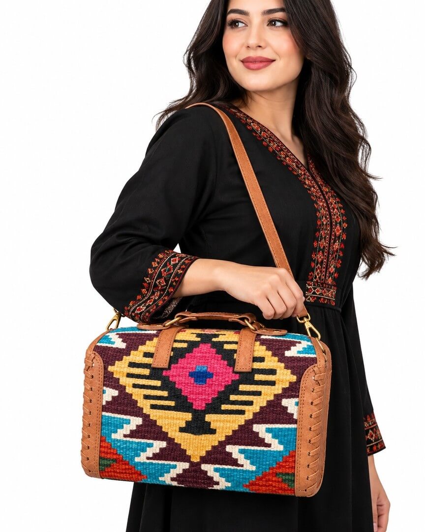 Handmade Afghan Kilim Woven Bag with Colorful Traditional Geometric Patterns and Genuine Leather Trim – Multicolor Ethnic Should