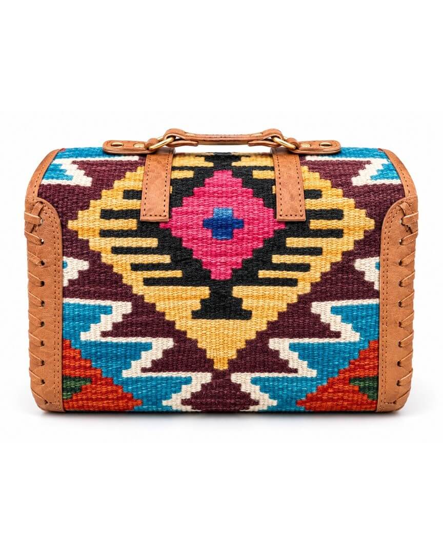 Handmade Afghan Kilim Woven Bag with Colorful Traditional Geometric Patterns and Genuine Leather Trim – Multicolor Ethnic Should